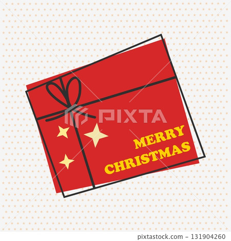 Merry Christmas, greeting postcard design with red gift, holiday present and yellow festive 131904260