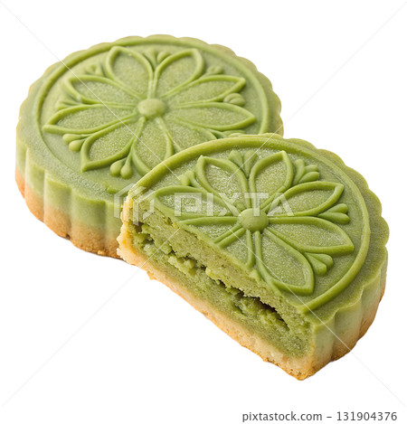 Delicious matcha mooncakes with intricate floral design, traditional asian festive dessert isolated on transparent background 131904376