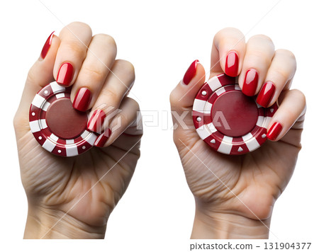 Woman's hand with perfect red manicure holding red and white gambling chip, casino luxury concept isolated 131904377