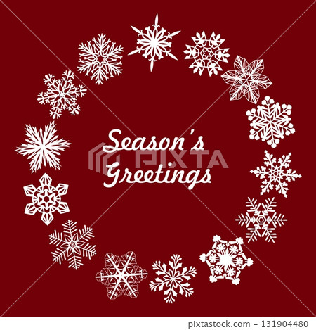 Seasons greetings text with white snowflake wreath on red background for Christmas and winter holiday decoration or greeting card Seasons greetings text with white snowflake wreath on red background for Christmas and winter holiday decoration or greeting card 131904480