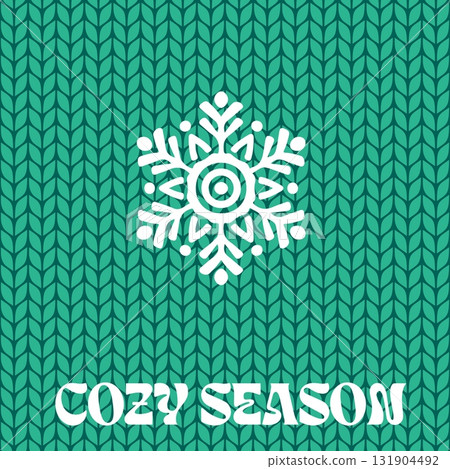 White snowflake on green knit pattern background with cozy season text for winter holiday greeting and warm seasonal design White snowflake on green knit pattern background with cozy season text for winter holiday greeting and warm seasonal design 131904492