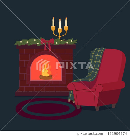 Cozy holiday living room with red armchair burning fireplace plaid blanket candles and garland on dark background 131904574
