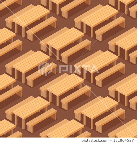 Isometric seamless pattern of wooden picnic tables and benches on brown background repeating outdoor furniture design 131904587