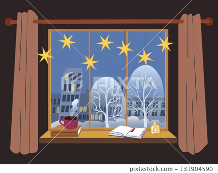 Winter cityscape view from cozy window with hanging stars hot drink open book candle and snowy trees peaceful holiday evening Winter cityscape view from cozy window with hanging stars hot drink open book candle and snowy trees peaceful holiday evening 131904590