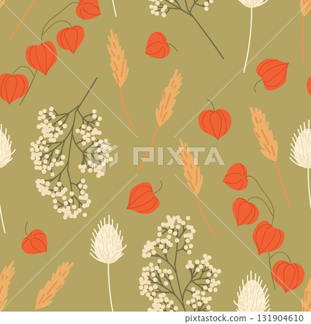 Seamless autumn botanical pattern with wheat branches physalis pods and white berries on olive green background rustic fall foliage illustration 131904610