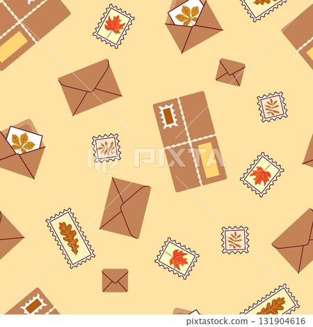 Seamless pattern with brown envelopes autumn stamps and fall leaf postcards on light beige background for seasonal mail and packaging designs Seamless pattern with brown envelopes autumn stamps and fall leaf postcards on light beige background for seasonal mail and packaging designs 131904616