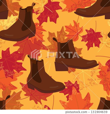 Seamless pattern with brown leather boots and autumn maple leaves in warm fall colors on yellow background for seasonal fashion and textile designs 131904639