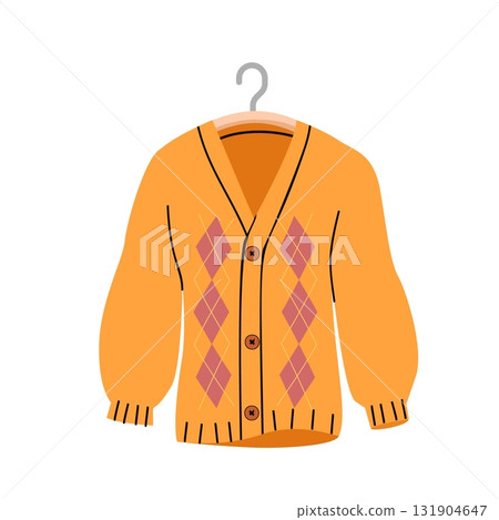 Orange argyle cardigan sweater with buttons on hanger flat style illustration for autumn fashion and casual winter wardrobe design Orange argyle cardigan sweater with buttons on hanger flat style illustration for autumn fashion and casual winter wardrobe design 131904647