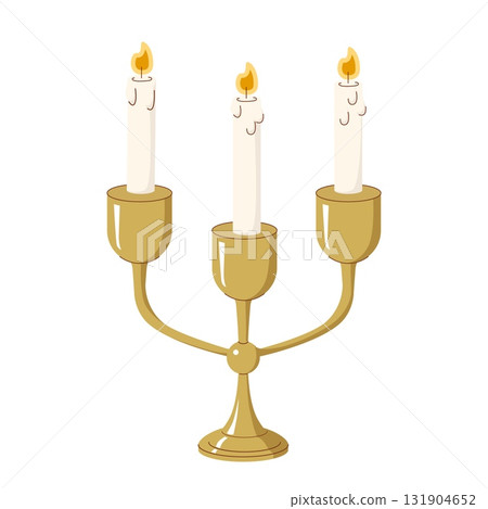 Elegant golden candelabra with three lit white candles flat style illustration for vintage decor romantic ambiance and festive celebration themes Elegant golden candelabra with three lit white candles flat style illustration for vintage decor romantic ambiance and festive celebration themes 131904652