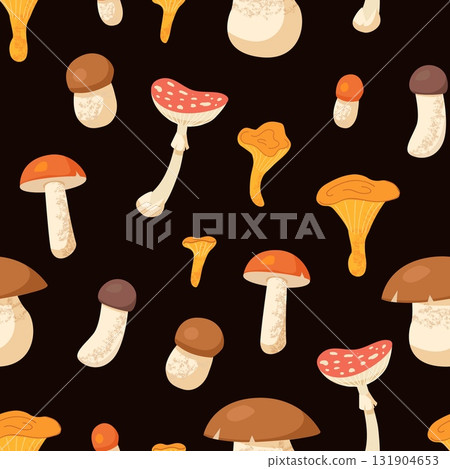 Seamless pattern with various colorful forest mushrooms on dark background including chanterelle boletus and fly agaric in flat cartoon style Seamless pattern with various colorful forest mushrooms on dark background including chanterelle boletus and fly agaric in flat cartoon style 131904653