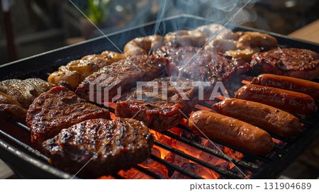 Delicious meat grilled on a barbecue 131904689