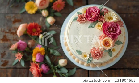 色彩繽紛的鮮花和蛋糕餐桌佈置 131904695