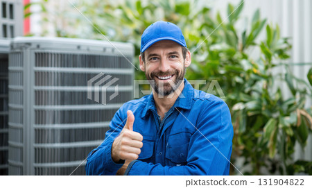 Happy technician gives a thumbs up in front of air conditioning unit.  Man in uniform provides heating and cooling services with a smile and a positive attitude. 131904822