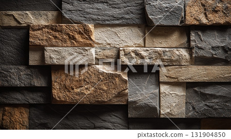 Varied stone cladding creating a textured dimensional surface with earthy tones and neutral shades. The natural look provides an appealing aesthetic. 131904850