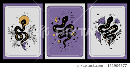 Mystical Snake with Moon, Sun and Flowers... - Stock Illustration ...