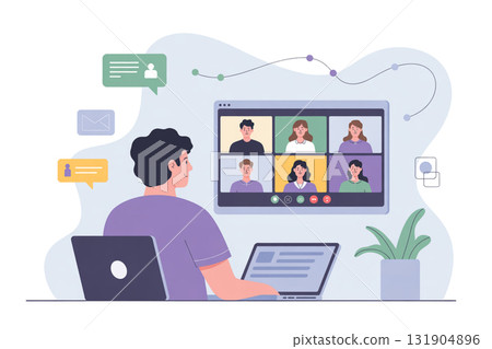 Illustration of a remote meeting / online meeting, telework, video call scene Illustration of a remote meeting / online meeting, telework, video call scene 131904896