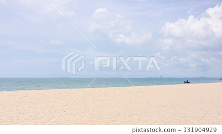 Sunny beach with clear blue sky and calm sea, summer vacation background 131904929