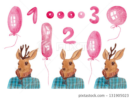 Portrait of a deer in a checkered shirt with a puffy collar. An animal with or without horns. Set with pink numbers 1, 2, 3 and balloons. Isolated watercolor illustrations Portrait of a deer in a checkered shirt with a puffy collar. An animal with or without horns. Set with pink numbers 1, 2, 3 and balloons. Isolated watercolor illustrations 131905023