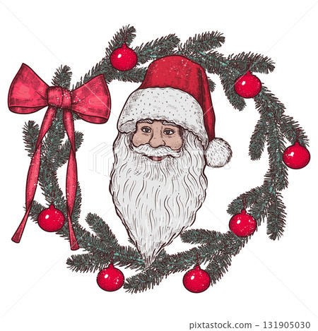 Santa Claus in a red hat with a wreath of fir branches and red Christmas balls. Vector illustration. 131905030