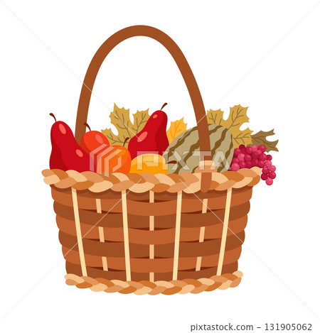 Basket autumn harvest icon. Grocery products in eco basket. Fresh organic healthy vegetarian food. Wicker baskets with autumn harvest of fruits isolated on white 131905062