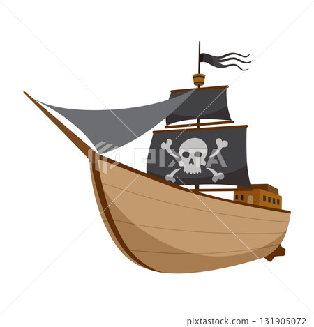 Stylized cartoon pirate ship illustration with black sails. Cute vector icon. Pirate Ship sailing on water 131905072