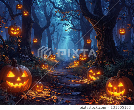 Glowing Jack-O'-Lanterns Lighting a Spooky Forest Path 131905193