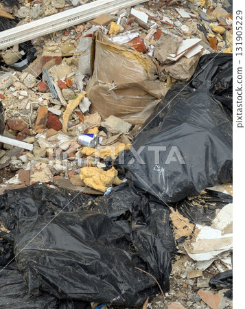 Rubble Industrial waste from a house DIY renovation project bin bags bricks broken tiles 131905229