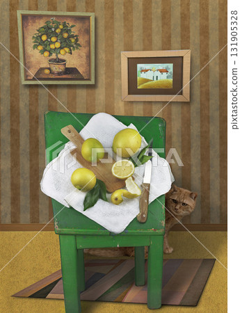 Still life with lemons and slices on a vintage green wooden stool with a ginger cat under it in the room background 131905328