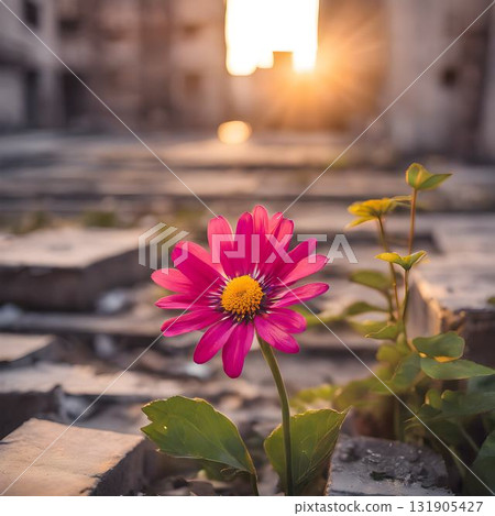 Resilient Flower Amidst Urban Ruins at Sunrise Resilient Flower Amidst Urban Ruins at Sunrise 131905427