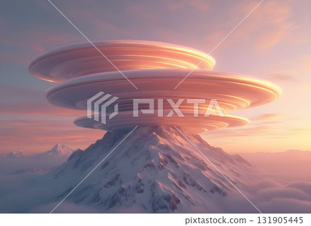 Ethereal Lenticular Clouds Floating Above a Snowy Mountain Peak 131905445