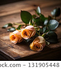 Rustic Table with Rose Bouquet 131905448