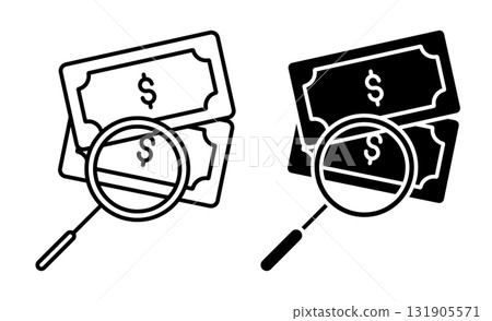 Linear icon. Forensic expert uses a magnifying glass to examine banknotes for signs of counterfeiting. Simple black and white vector isolated on white background 131905571
