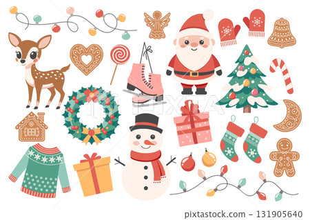Christmas holiday elements collection. Santa snowman candies christmas tree garland reindeer gingerbreads skates. Cute winter holiday stickers. Christmas holiday elements collection. Santa snowman candies christmas tree garland reindeer gingerbreads skates. Cute winter holiday stickers. 131905640