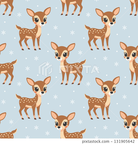 Christmas Seamless pattern with cute little fawn deer and snowflakes. Winter holiday background. Christmas Seamless pattern with cute little fawn deer and snowflakes. Winter holiday background. 131905642