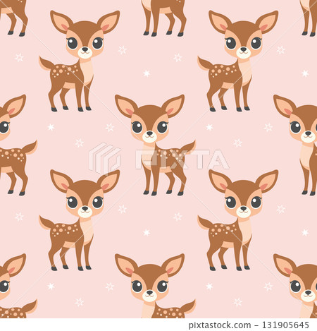 Christmas Seamless pattern with cute little fawn deer and stars. Winter holiday background. Christmas Seamless pattern with cute little fawn deer and stars. Winter holiday background. 131905645