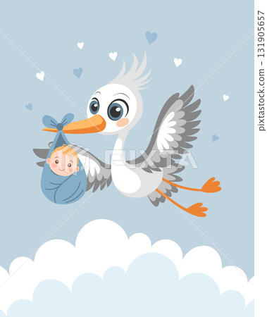 Baby shower invitation with stork carrying cute baby in bag on blue sky background for greeting card, baby album, boy birthday party, poster. 131905657