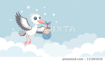 Baby shower invitation banner with stork carrying cute baby in bag on blue sky background for greeting card, baby album, boy birthday party, poster. Baby shower invitation banner with stork carrying cute baby in bag on blue sky background for greeting card, baby album, boy birthday party, poster. 131905659
