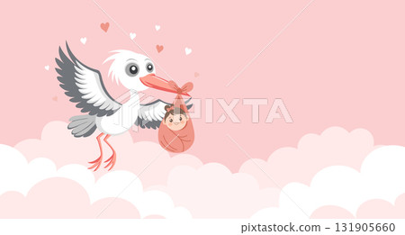 Baby shower invitation banner with stork carrying cute baby in bag on pink sky background for greeting card, baby album, girl birthday party, poster. 131905660