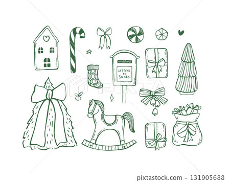 Whimsical christmas doodle set, vector illustrations, vintage retro style 131905688