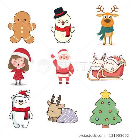Set of cute Christmas characters isolated on white background. Vector illustration. Set of cute Christmas characters isolated on white background. Vector illustration. 131905692