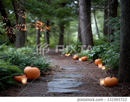 Halloween Forest Path with Glowing Jack-o'-Lanterns Halloween Forest Path with Glowing Jack-o'-Lanterns 131905722