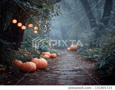 Halloween Forest Path with Glowing Jack-o'-Lanterns 131905723