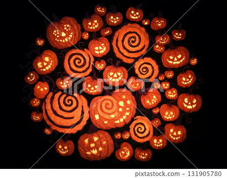 Array of Small Glowing Jack-o'-Lanterns and String Lights 131905780