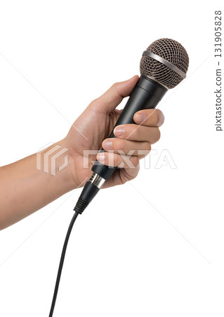 Hand gripping dynamic microphone with metal grille and xlr cable, studio recording equipment isolated Hand gripping dynamic microphone with metal grille and xlr cable, studio recording equipment isolated 131905828