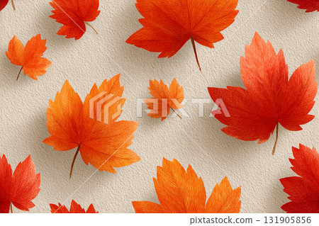 Autumn pattern. Orange autumn leaves equidistant from each other. Seamless pattern. Drawing style. 131905856