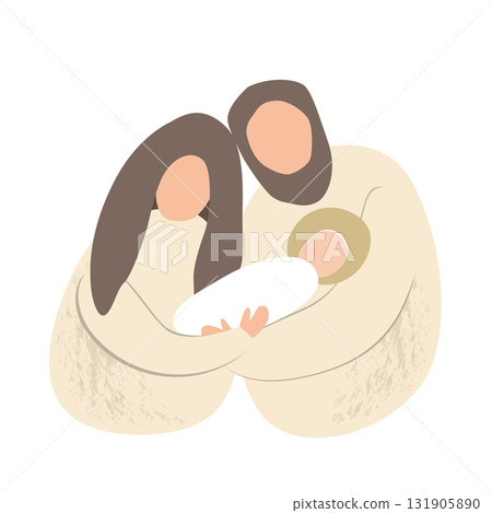 Christmas nativity scene of baby Jesus, Mary and Joseph. Hand drawn stylized bible illustration clipart isolated. Cartoon vector illustration in Scandinavian style Christmas nativity scene of baby Jesus, Mary and Joseph. Hand drawn stylized bible illustration clipart isolated. Cartoon vector illustration in Scandinavian style 131905890
