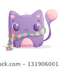 Cute cat in a striped scarf on a white background. The concept of Halloween, autumn. Isolated Cartoon children's vector illustration for Postcard Design, postcards for Printing, textiles, stickers 131906001