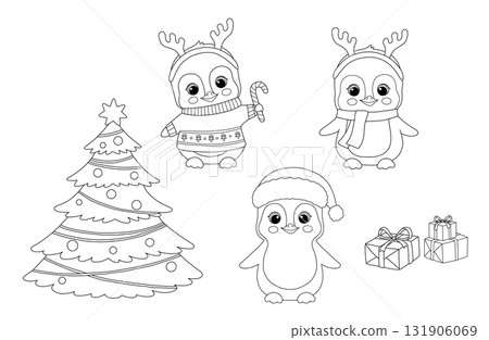 Christmas tree, gifts and cute baby penguin. Vector black and white illustrations set isolated on white background for coloring book 131906069