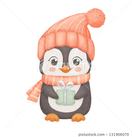 Penguin in red hat and scarf with gift box. Cute penguin isolated on white background. Childish watercolor winter illustration. 131906070