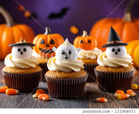Cute Halloween Ghost Cupcakes with Pumpkins and Candy Corn 131906071